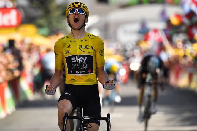 Geraint Thomas célèbre sa victoire sur une scène du Tour de France le 19 juillet 2018. 