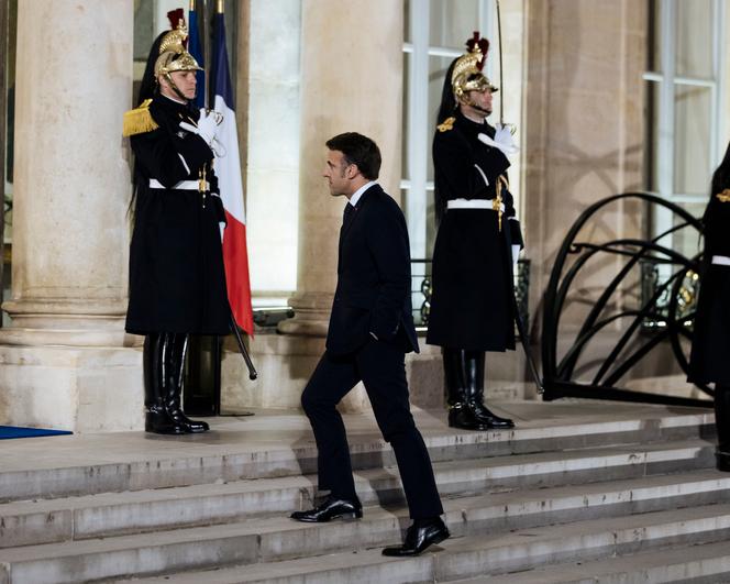 Emmanuel Macron at the Elysée Palace, at the end of a meeting on the situation in Ukraine and European security issues, Paris, February 17, 2025.