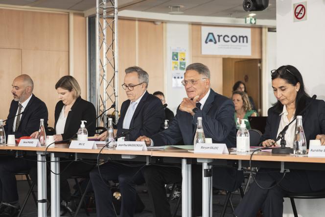 Jean-Paul Baudecroux (second from the right), founder and principal shareholder of the NRJ group, during its hearing by Arch, July 11, 2024, in Paris.