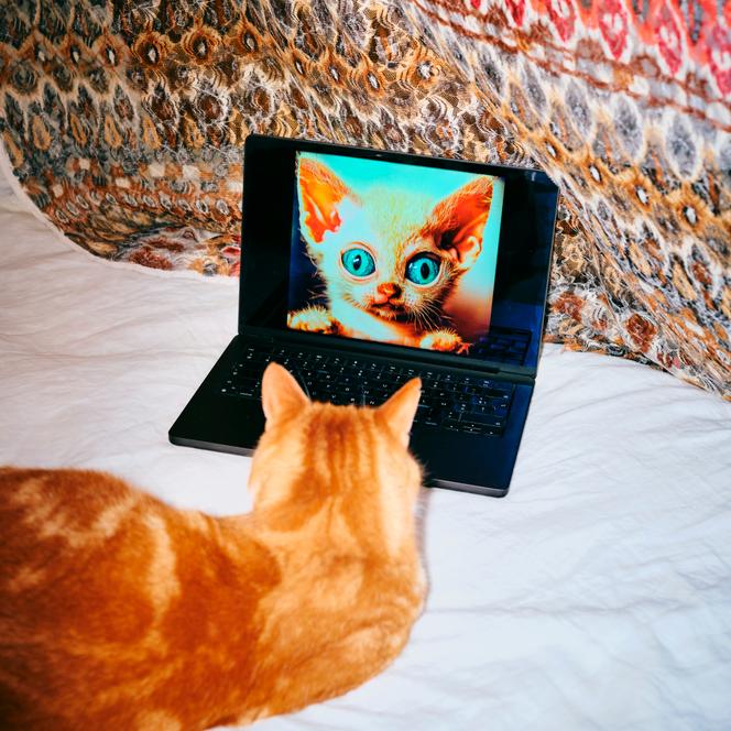 Image de chaton générée par le logiciel d’intelligence artificielle Midjourney, affichée sur un écran d’ordinateur, face au chat Gourou, à Vernou-la-Celle-sur-Seine (Seine-et-Marne), le 17 février 2025.