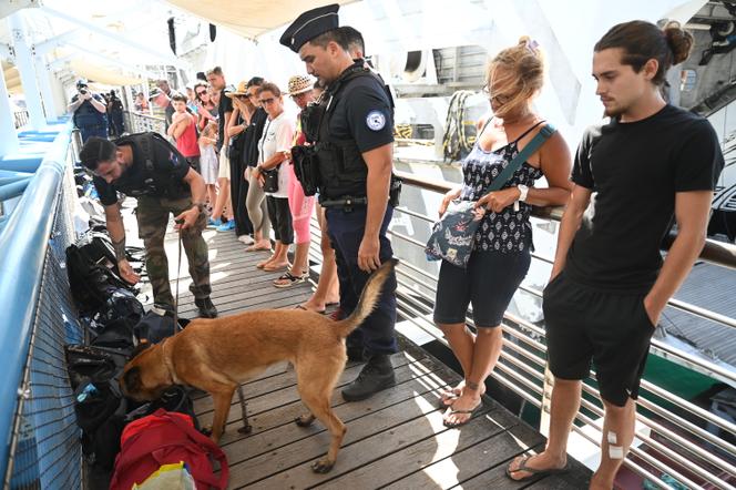 Une équipe cynophile fouille bagages et passagers à la sortie d’un ferry, dans la gare maritime de Papeete, le 20 février 2025.