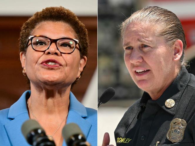 This combination of pictures created on February 21, 2025 shows Los Angeles Mayor Karen Bass in Los Angeles, California, on August 17, 2023 and Los Angeles City Fire Chief Kristin Crowley in Los Angeles, California, on June 14, 2024.
