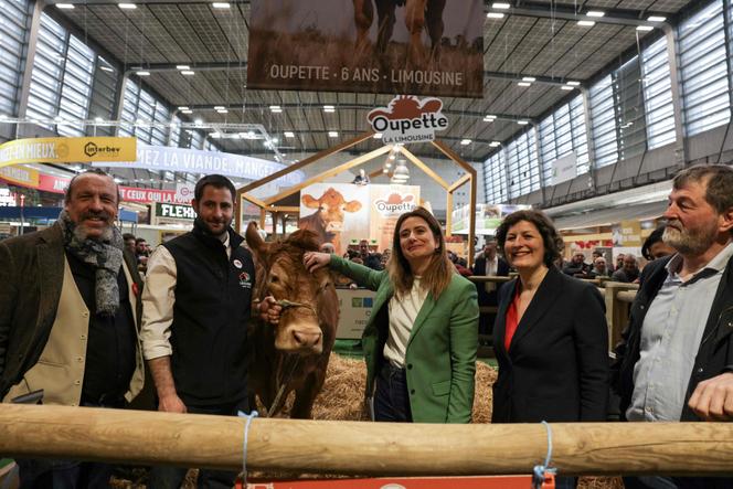 Le député écologiste de Charente-Maritime Benoît Biteau, l’agriculteur Alexandre Humeau, la secrétaire nationale du parti Les Ecologistes, Marine Tondelier, et la maire écologiste de Strasbourg, Jeanne Barseghian, avec la vache limousine Oupette, l’égérie du Salon, à Paris, le 25 février 2025.