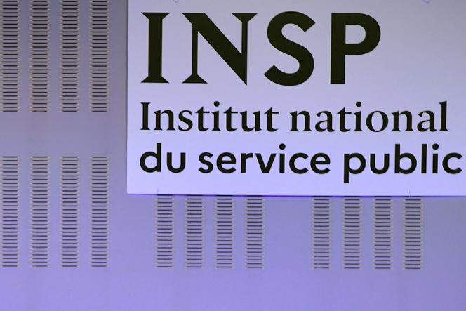 This photograph shows Institute of Public Service (INSP) logo, formerly the National School of Administration (ENA), in Strasbourg, eastern France, on January 28, 2022. (Photo by Frederick FLORIN / AFP)