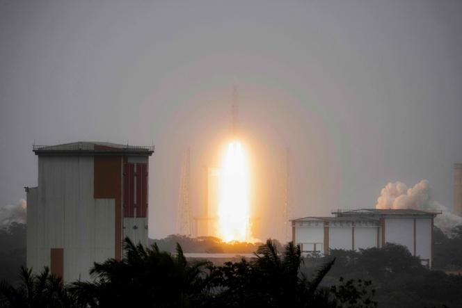 The Ariane-6 rocket, at the Guyanese space center in Kourou, in French Guiana, Thursday March 6, 2025.