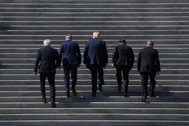 Donald Trump, de dos, montant les marches du Capitole avec le leader républicain de la Chambre, Mike Johnson, et le premier ministre irlandais Micheal Martin, le 12 mars 2025.