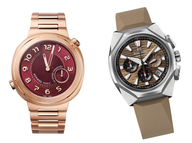 A gauche : Cut Le temps suspendu, Hermès. A droite : Tokyo Lion, Grand Seiko.