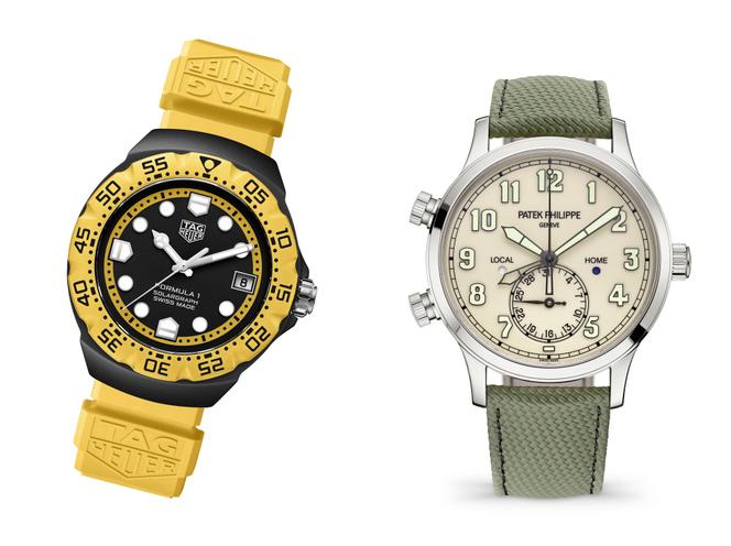 A gauche, Formula 1, TAG Heuer. A droite : Calatrava, Patek Philippe.