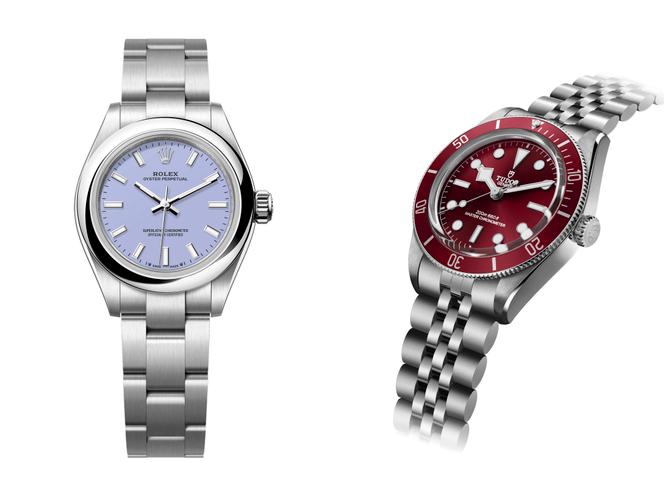 A gauche, Oyster Perpetual, Rolex. A droite : Black Bay 58, Tudor.