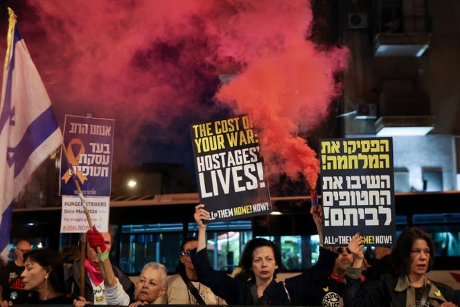 During a protest against the Israeli government and Prime Minister Benjamin Netanyahu for the release of all hostages from the Gaza Strip, in Tel Aviv on April 3, 2025.