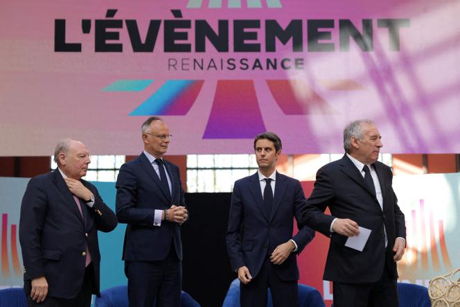 Hervé Marseille, Edouard Philippe, Gabriel Attal and François Bayrou (from left to right), during a meeting of the Renaissance party, at the City of Cinema, in Saint-Denis (Seine-Saint-Denis), April 6, 2025.