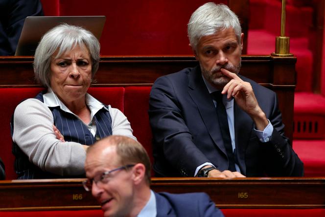 The president of the LR group of deputies, Laurent Wauquiez (right), attended a question session in the government, in the National Assembly, in Paris, on April 8, 2025.
