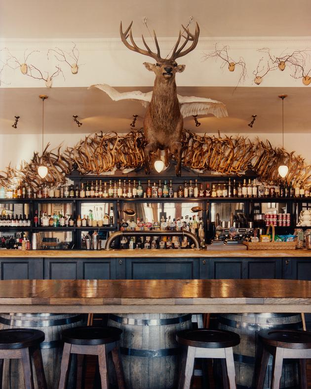 The Flying Stag pub decorated with a winged stag conceived by American artist James Prosek.