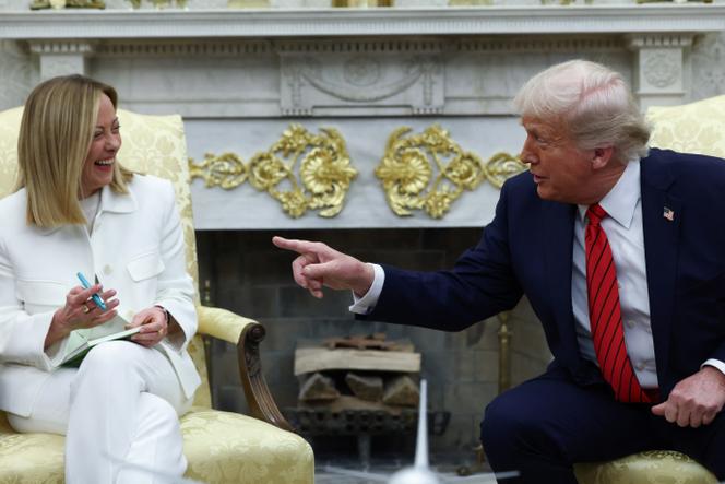 The president of the United States, Donald Trump, meets with Italian Prime Minister Giorgia Meloni at the Oval Office of the White House in Washington, DC, on April 17, 2025.