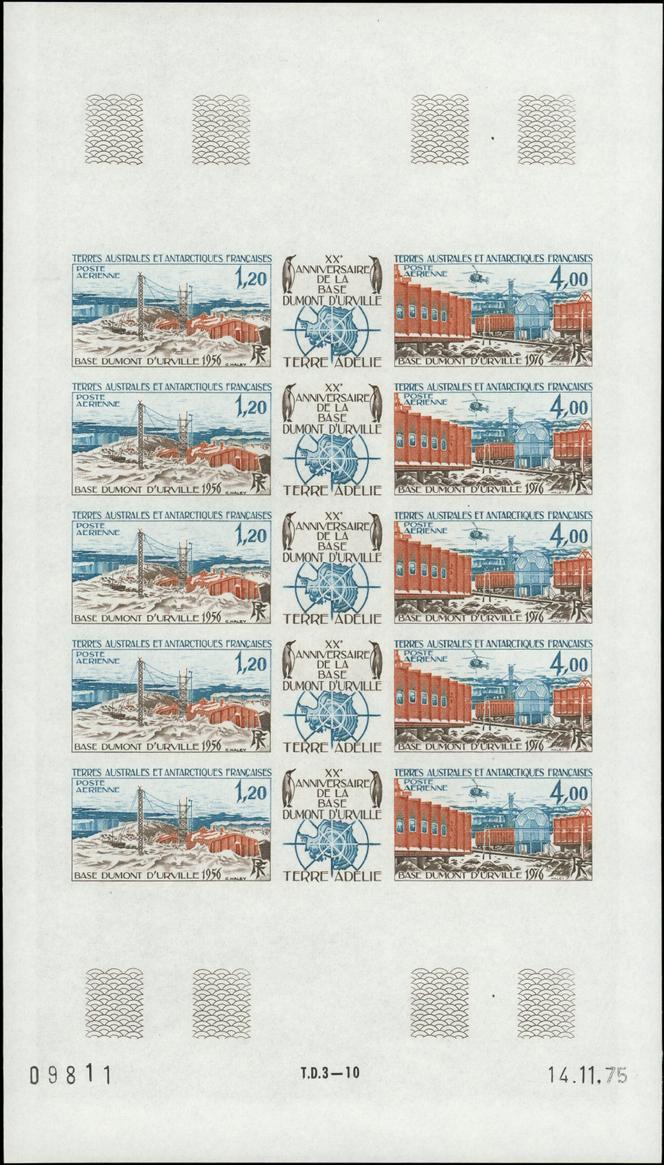 Timbre de poste aérienne des Terres australes et antarctiques françaises, feuille de cinq triptyques non dentelés, XXe anniversaire de la base Dumont-d’Urville, en Terre Adélie, 53 euros chez Cérès Philatélie en mars 2025.