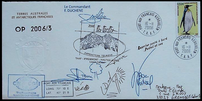 Pli souvenir de l’expédition TELROSS, ascension du Grand Ross par Lionel Daudet et « Doc Vertical » (Emmanuel Cauchy), aux Kerguelen, en 2006.