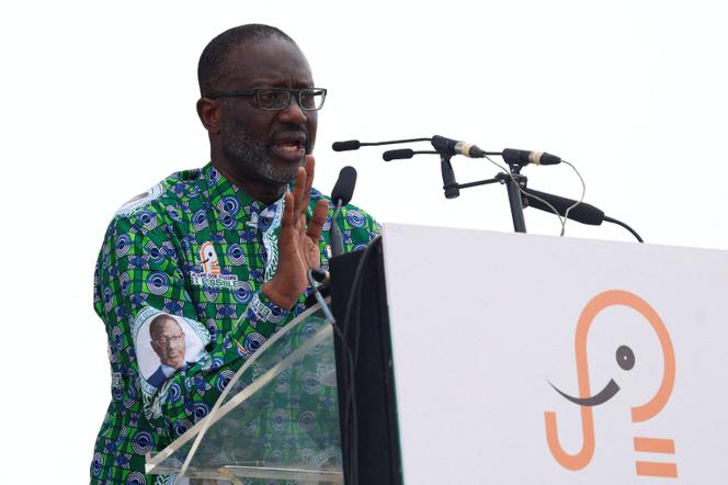 Tidjane Thiam, le président du Parti démocratique de Côte d’Ivoire, lors d’un meeting dans la commune de Yopougon, à Abidjan, le 15 février 2025.