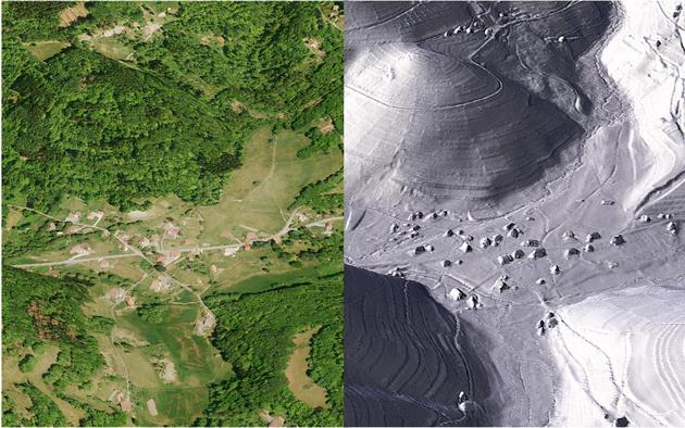 À gauche: les pentes montagneuses du sud de Vosges, à Fresse (Haute-Saône), couvertes de végétation. À droite: Vue lidar, en volume, terrasses pendant plusieurs siècles pour améliorer les sols en pente pour leur ferme.