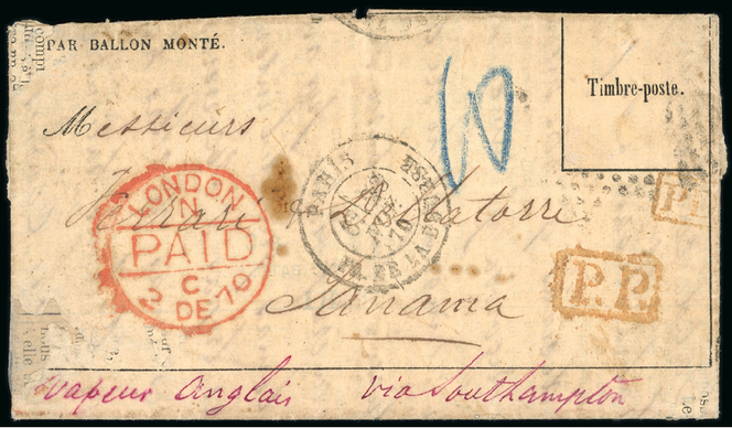 « Gazette des absents » n° 10, transportée par ballon monté « Le Ville-d’Orléans » à destination de Panama, cachet de départ de Paris place de la Bourse du 23.11.70, mention manuscrite « vapeur anglais » et « via Southampton » avec cachet de passage par Londres du 2 décembre. Estimation : de 70 000 à 100 000 euros.