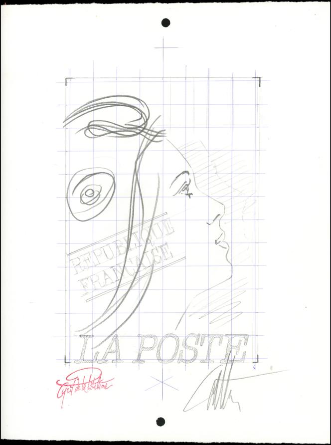 Prix de départ fixé à 100 euros pour ce projet de « Marianne » non émis, au crayon, signé Cyril de La Patellière.