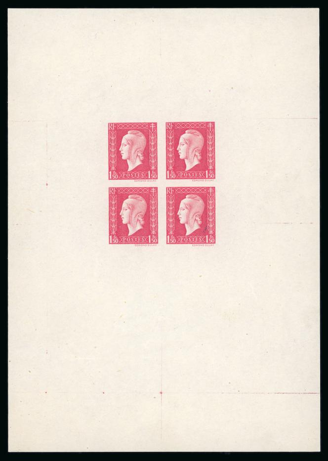 Bloc de quatre de la « Marianne » de Dulac non émis (1944), avec une faciale à 1,50 franc au lieu de 2,40 francs, estimé de 24 000 à 35 000 euros.