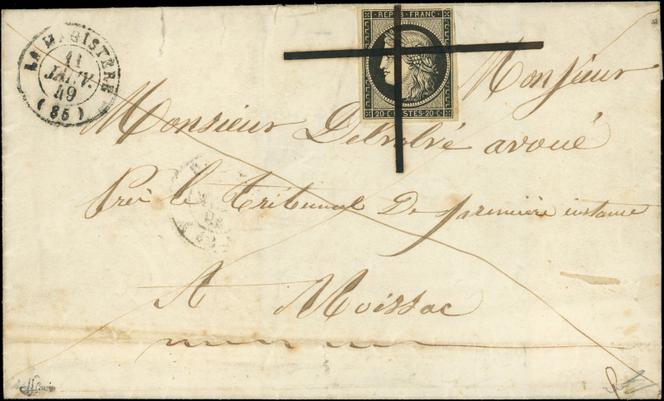 Lettre pour Moissac, double barre en croix de La Magistère du 11 janvier 1849. Prix de départ : 25 000 euros.