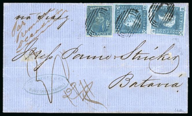Ile Maurice, lettre pour Batavia de 1859 revêtue de deux 2 pence bleu de l’émission « Lapirot » et d’un 6 pence bleu « Britannia », 24 000/30 000 livres (28 250/35 300 euros).