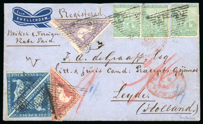 Cap de Bonne-Espérance, belle combinaison d’affranchissement sur un pli recommandé de Swellendam pour Leyde (Pays-Bas) oblitéré du 20 juillet 1864, arrivée le 27 août 1864, 65 000/85 000 livres.