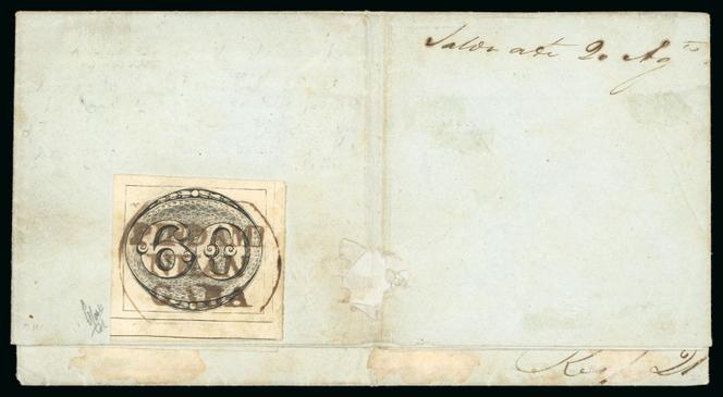 Brésil, 60 reis « Œil de boeuf » sur lettre du 1er avril 1844, de Jacarey via Pindaminhangaba pour Rio de Janeiro, le timbre ayant été annulé en transit de la marque postale « PINDAMI/NHAN/GABA », 40 000 à 50 000 francs suisses.