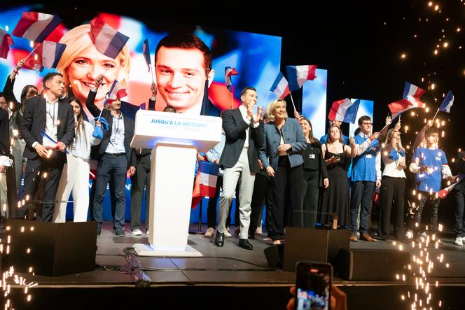 Meeting de Marine Le Pen et de Jordan Bardella à l’Arena de Narbonne (Aude), le 1er mai 2025.