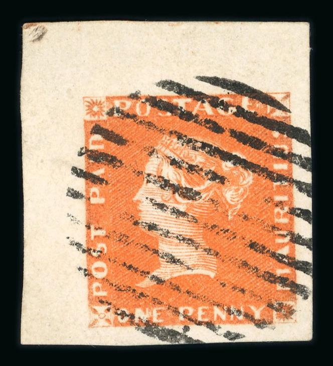 Ile Maurice, 1 penny orange-vermillon « Post paid » (1848-1859), oblitéré, 20 000/26 000 livres.