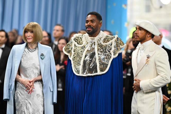 (L-R) Vogue Editor-in-Chief Anna Wintour, US actor Colman Domingo, and race car driver Lewis Hamilton arrive for the 2025 Met Gala at the Metropolitan Museum of Art in New York City on May 5, 2025.