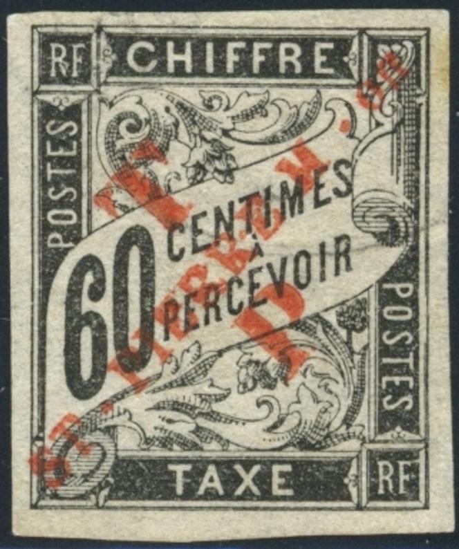 Timbre-taxe de France à 60 centimes surchargé en rouge « ST PIERRE M-ON » pour Saint-Pierre-et-Miquelon, 110 euros chez Pinon Collections, à Tours.