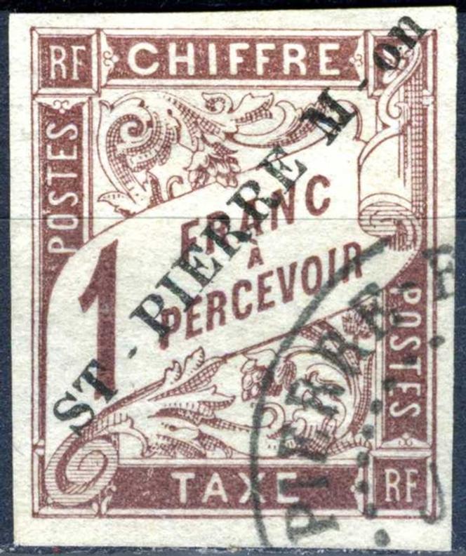 Timbre-taxe de France, 1 franc marron, surchargé en noir « ST PIERRE M-ON », 150 euros chez Pinon Collections.