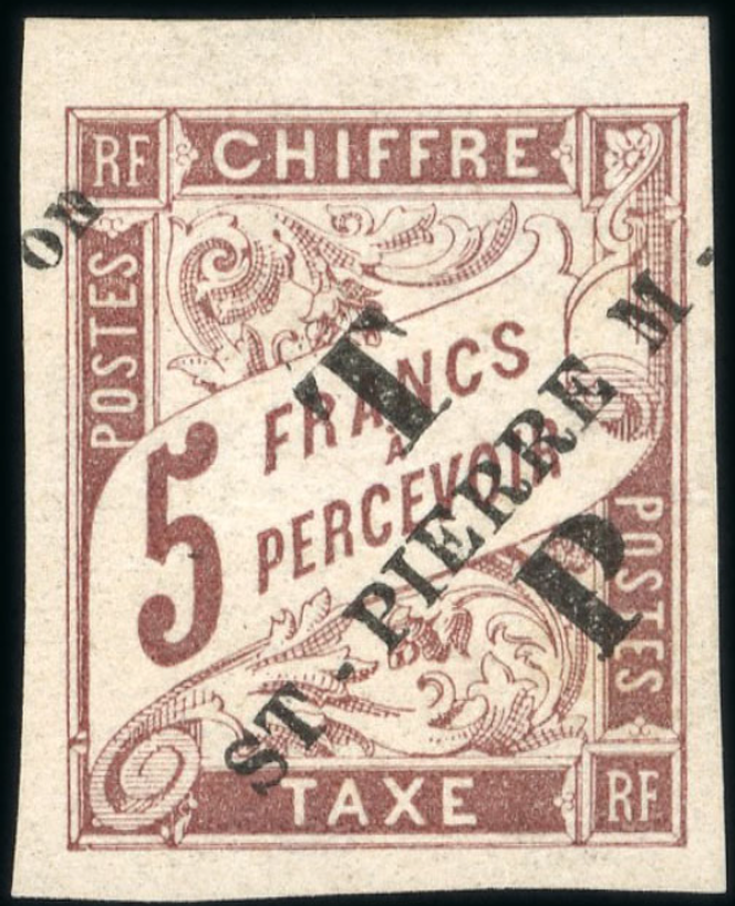 Timbre-taxe surchargé en noir « ST PIERRE M-ON » avec l’ajout « TP », 5 francs brun.
