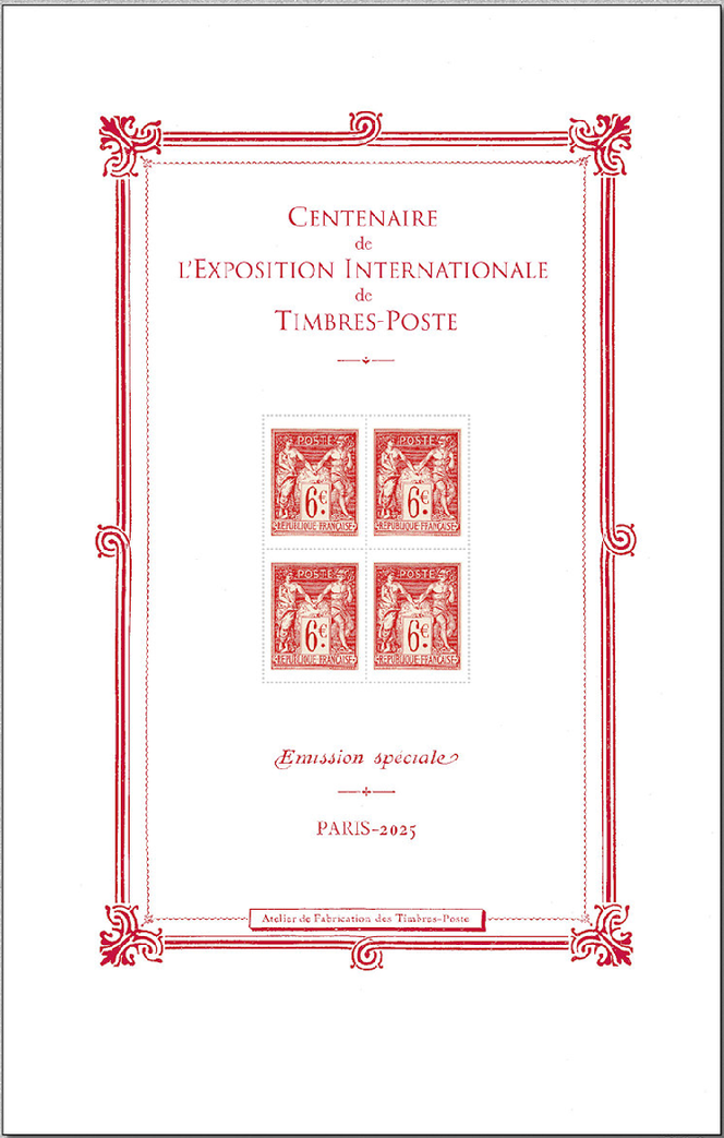 Bloc-feuillet du centenaire de l’Exposition internationale de timbres-poste de Paris, en vente générale le 31 mars, d’après Jules-Auguste Sage et Louis-Eugène Mouchon. Mie en page : Valérie Besser. Valeur faciale : 6 euros x 4. Tirage : 40 000 exemplaires.