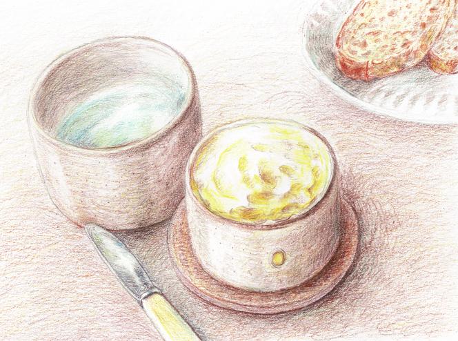 Illustration d’après le beurrier à eau en vente chez Christophe Fromager, 75 €.