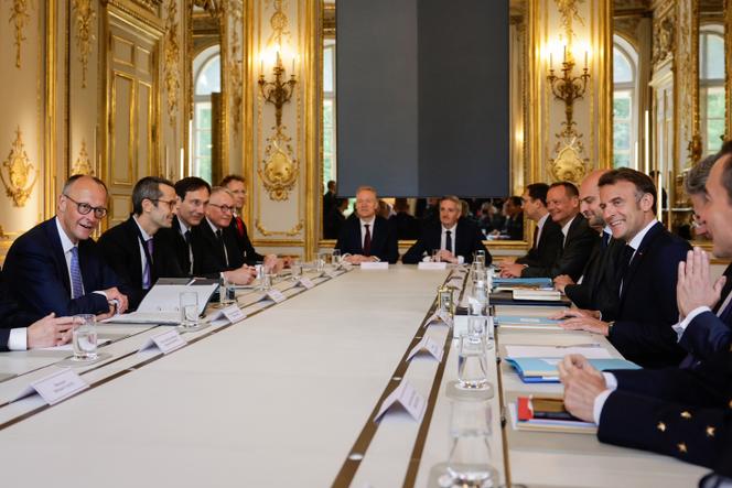 Lors de la réunion de travail du chancelier allemand, Friedrich Merz, et du président de la République, Emmanuel Macron, au palais de l’Elysée, le 7 mai 2025.