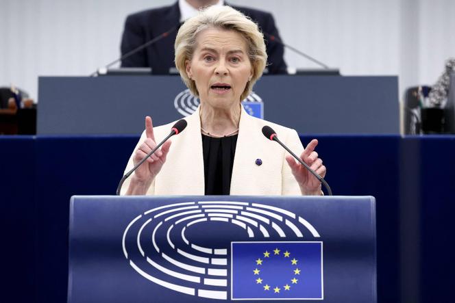 La présidente de la Commission européenne, Ursula von der Leyen, au Parlement européen à Strasbourg, le 7 mai 2025.