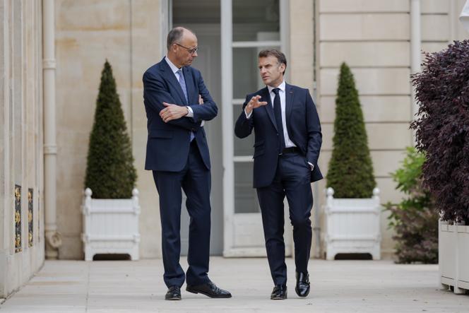 Le chancelier allemand, Friedrich Merz, et le président de la République, Emmanuel Macron, dans les jardins du palais de l'Elysée, le 7 mai 2025.