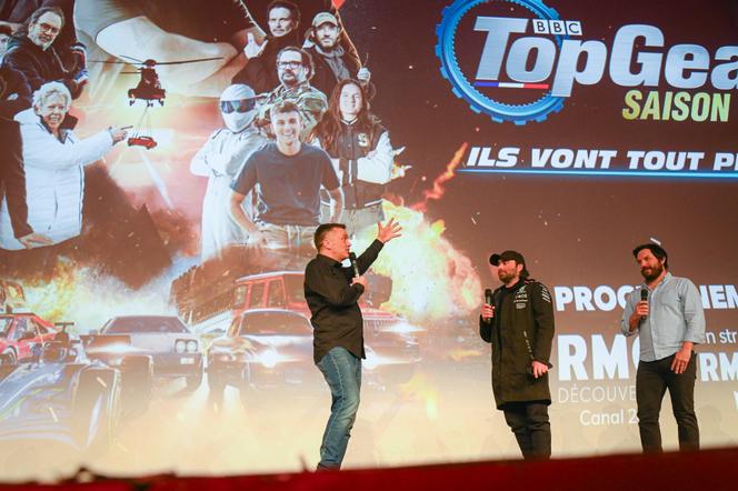 A l’avant-première de la saison 10 de Top Gear, une déclinaison d’une émission britannique mettant en scène des essais de voiture et des performances automobiles diffusée sur RMC découverte, au cinéma Le Grand Rex, à Paris, le 18 avril 2025.