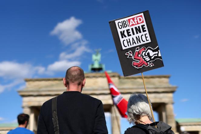 Des manifestants participent à une manifestation demandant l’interdiction du parti d’extrême droite Alternative pour l’Allemagne (AfD), à Berlin, le 11 mai 2025.