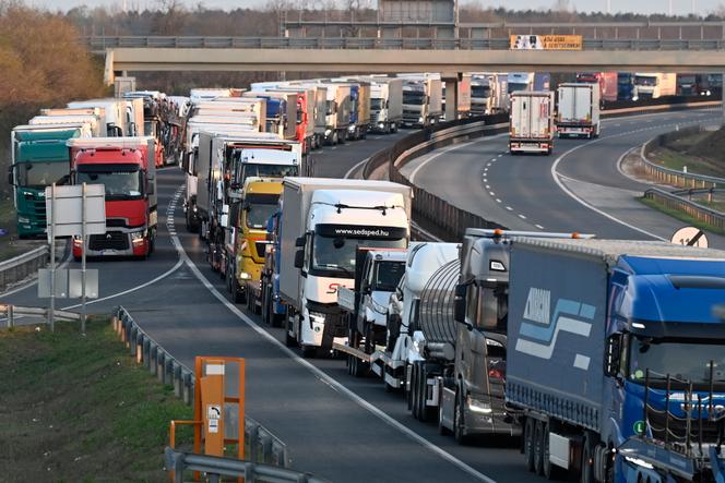 Camions de fret à la frontière entre la Hongrie et la  Slovaquie, à Level (Hongrie), en mars 2025.