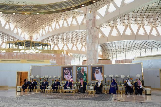 President Donald Trump and Saudi Crown Prince Mohammed bin Salman speak, during a coffee ceremony at the Royal Terminal of King Khalid International Airport in Riyadh, Saudi Arabia, on May 13, 2025.