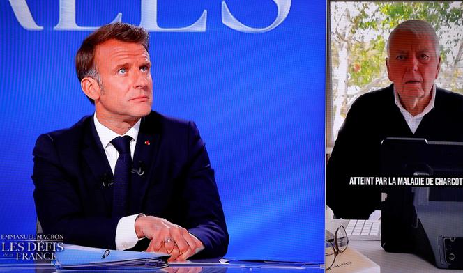 Le président de la République, Emmanuel Macron, face au journaliste Charles Biétry, atteint de la maladie de Charcot, lors d’une émission sur TF1, le 13 mai 2025.