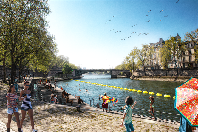 Projet de la baignade Pont-Marie, au pied du pont de Sully et face à l’île Saint-Louis, à Paris.