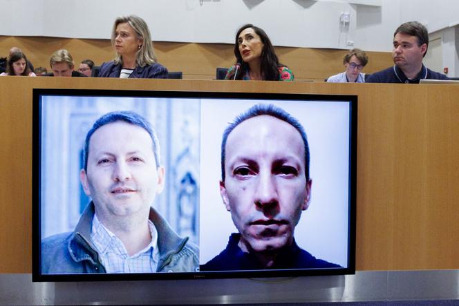 Des photos du chercheur Ahmadreza Djalali, emprisonné en Iran et victime d’une attaque cardiaque dans la nuit du 8 au 9 mai, projetées lors d’une session de la commission des relations extérieures du Parlement fédéral à Bruxelles, le 24 avril 2025.