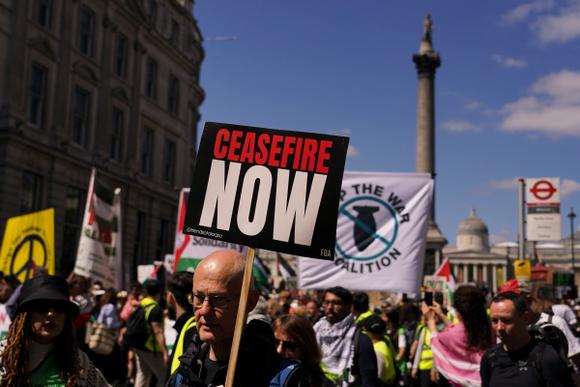 Manifestation de soutien au peuple palestinien de Gaza, à Londres, samedi 17 mai 2025.