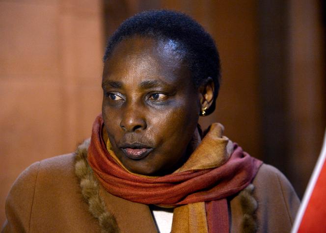 Agathe Habyarimana, veuve du président rwandais dont l’assassinat a déclenché le génocide de 1994, s’adresse à la presse au palais de justice de Paris, le 30 avril 2014.