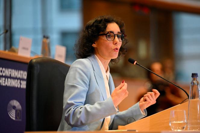 Hadja Lahbib, alors désignée comme commissaire à la préparation, à la gestion des crises et à l’égalité, lors de son audition de confirmation au Parlement européen à Bruxelles, le 6 novembre 2024.